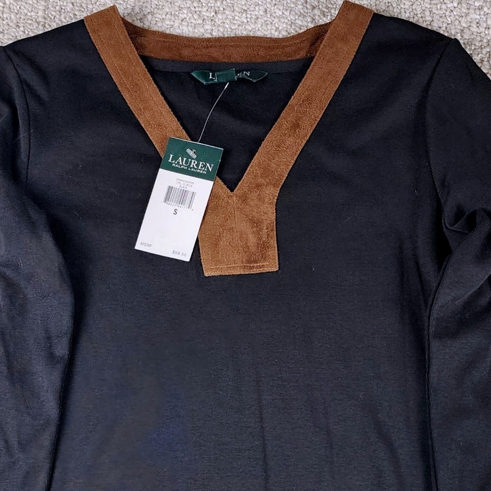 Lauren Ralph Lauren Tunic Top Size S Suede Trim Long Sleeve Black Knit T Shirt